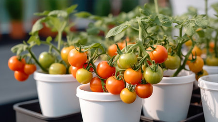 Ripe red and yellow cherry tomatoes in a white plastic pot.の素材