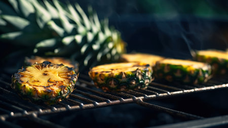Pineapples on the grill with flames. summer picnic.の素材