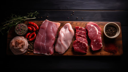 Raw pork meat with spices and herbs on a cutting board. selective focus. Toned.の素材