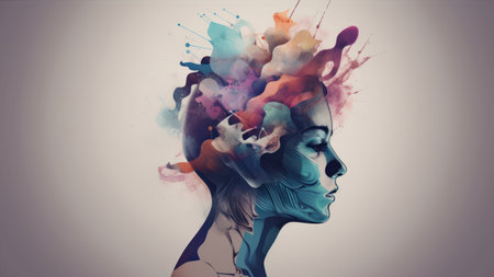 Portrait of a beautiful woman with creative make-up and colorful paint splashesの素材