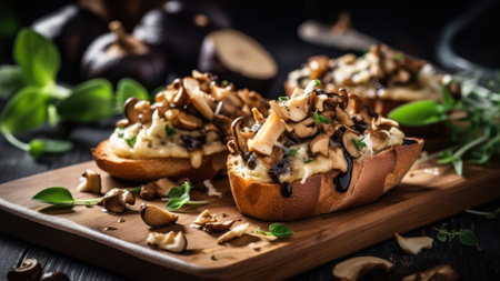Bruschetta with mushrooms and cheese on a wooden board.の素材