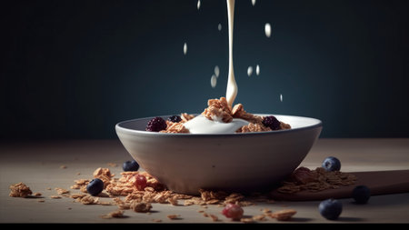 milk pouring into bowl with muesli and berries on wooden tableの素材