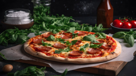 Pizza with salami and arugula on a black backgroundの素材
