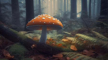 Fly agaric in the forest. 3d rendering. fantasy forest.の素材