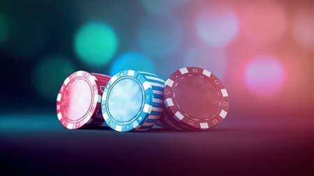 3d rendering of red and blue casino chips over bokeh backgroundの素材