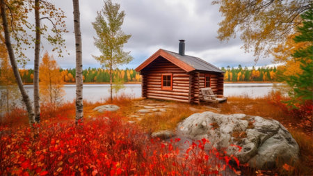 Wooden house on the shore of the lake in the autumn forestの素材