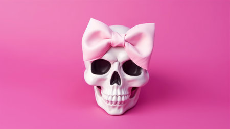 White skull with pink bow on a pink background. Halloween concept.の素材