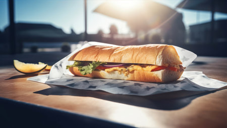 Close up of a sandwich on a table in a restaurant with a sun flareの素材