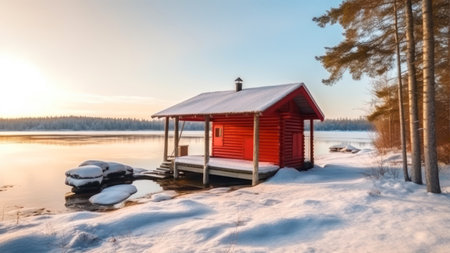 Red cabin on the shore of a frozen lake at sunset in winterの素材