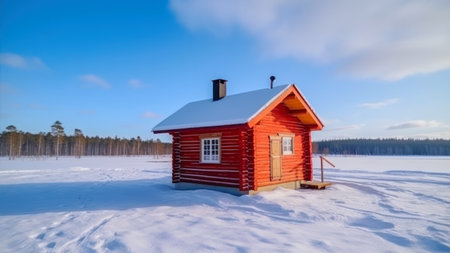 Red wooden house in winter forest. Beautiful winter landscape with blue sky.の素材