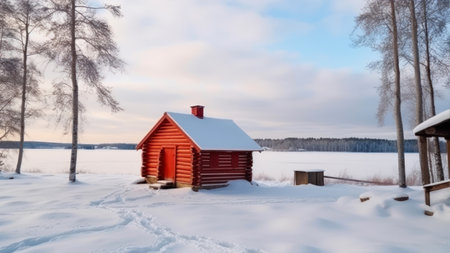 Red wooden house on the shore of a frozen lake in winter.の素材