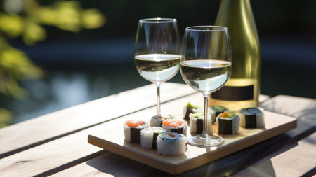 Two glasses of white wine and sushi on a wooden table in a restaurantの素材