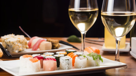 Sushi set on a white plate with two glasses of white wineの素材