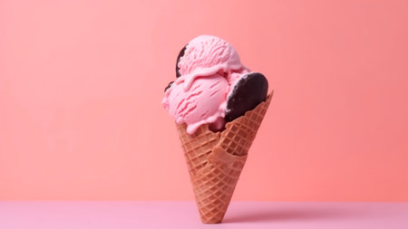 Pink ice cream in waffle cone on pastel pink background.の素材