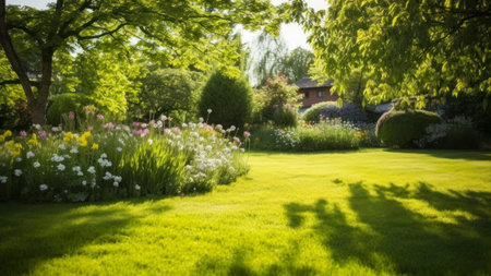 Beautiful landscaped garden in spring time. panoramic image.の素材