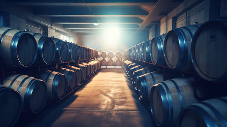 Wine barrels stacked in cellar of winery. wine production conceptの素材
