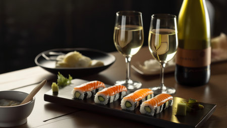 Sushi set with two glasses of white wine on wooden table in restaurantの素材