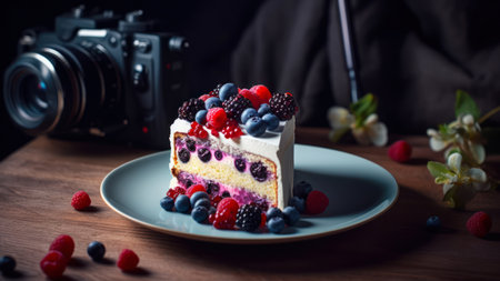 Cheesecake with berries on a plate and a camera in the backgroundの素材