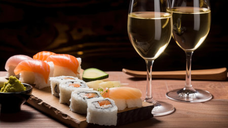 Sushi set on wooden table with two glasses of white wine.の素材
