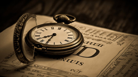 Vintage pocket watch on old newspaper. Shallow depth of field. Toned.の素材