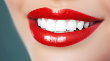 Closeup of beautiful female lips with white teeth and red lipstick.の素材
