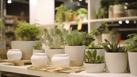 Plants in pots on the shelf in the store, blurred backgroundの素材