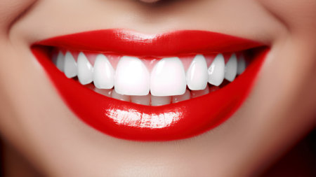 Closeup of beautiful woman smile with healthy teeth and red lips.の素材