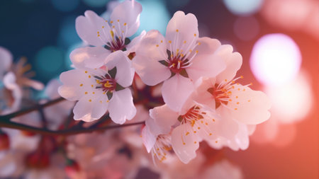 Blossoming branch of cherry on a background of blue bokehの素材