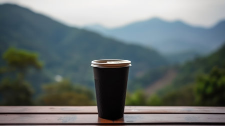 Black paper cup of coffee on wood table with nature view background.の素材