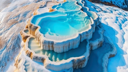 White travertine pools and terraces in Pamukkale, Turkeyの素材