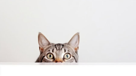 Cute tabby cat peeking out from behind the white wallの素材