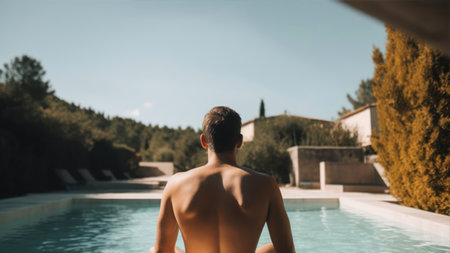 Rear view of young man sitting near swimming pool at luxury villaの素材