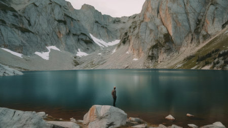 A man standing at the edge of a mountain lake in the middle of the mountainsの素材