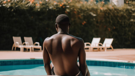 back view of shirtless african american man sitting in swimming poolの素材