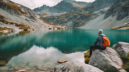 A girl with a backpack is sitting on the edge of a mountain lake and enjoying the view.の素材