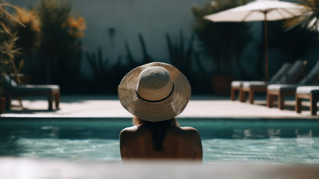 Back view of young woman in straw hat looking away while standing near swimming poolの素材