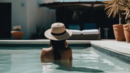 back view of asian woman in straw hat relaxing in swimming poolの素材