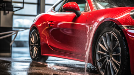 carwash. Red car washing in a car wash. car detailing concept.の素材