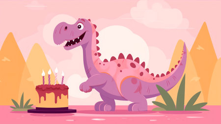 Cute cartoon dinosaur with birthday cake. Vector illustration in flat styleの素材