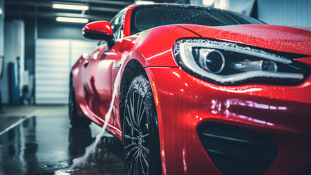 Red sport car in a car wash. auto service industry. carwash.の素材