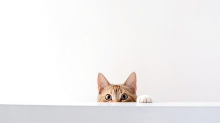 Cute ginger cat peeking out from behind a white wall.の素材