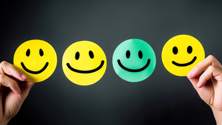 Hands holding yellow and green smiley face emoticons on black backgroundの素材
