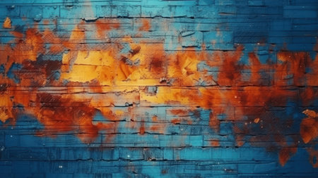 Old blue brick wall with orange and red paint. abstract background.の素材