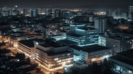 Night view of the city. Futuristic skyline. 3d renderingの素材