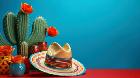 Mexican sombrero hat and cacti on blue backgroundの素材