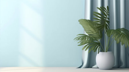 3d render of a white vase with a plant in a roomの素材