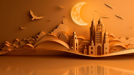 Halloween background with castle and moon. 3d render illustration.の素材