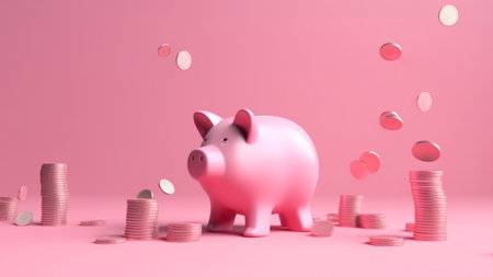 Piggy bank with coins on pink background. 3D renderingの素材