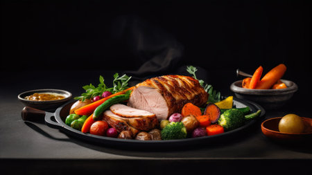 Roast turkey with vegetables on a black background. selective focus.の素材