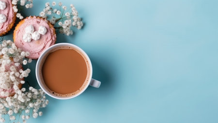 Cup of coffee with cookies and flowers on blue background, top viewの素材